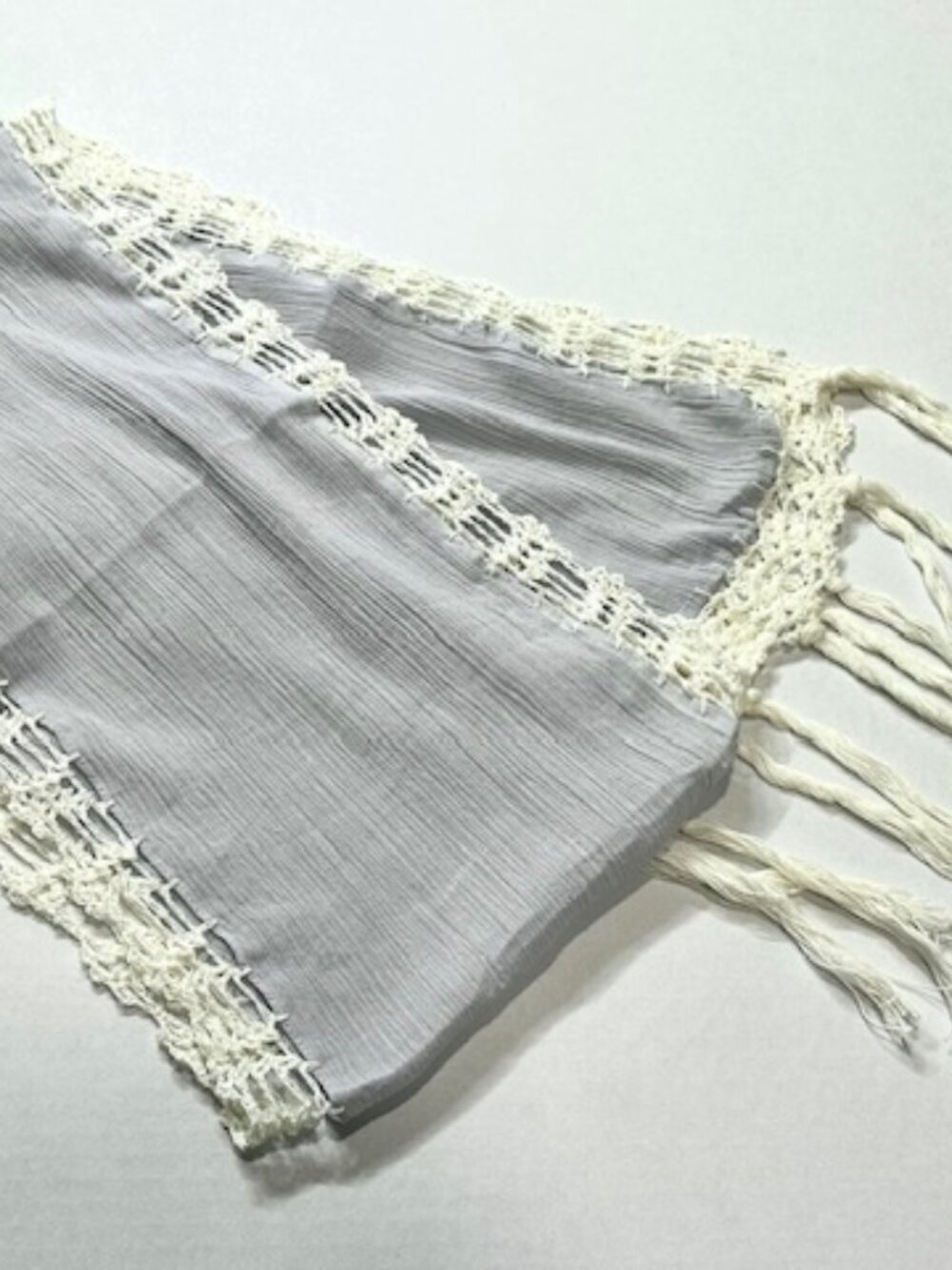 Womens Cotton Gauze Knit Scarf Crochet Trim with Tassles Light Blue & White 74" - Picture 4 of 7